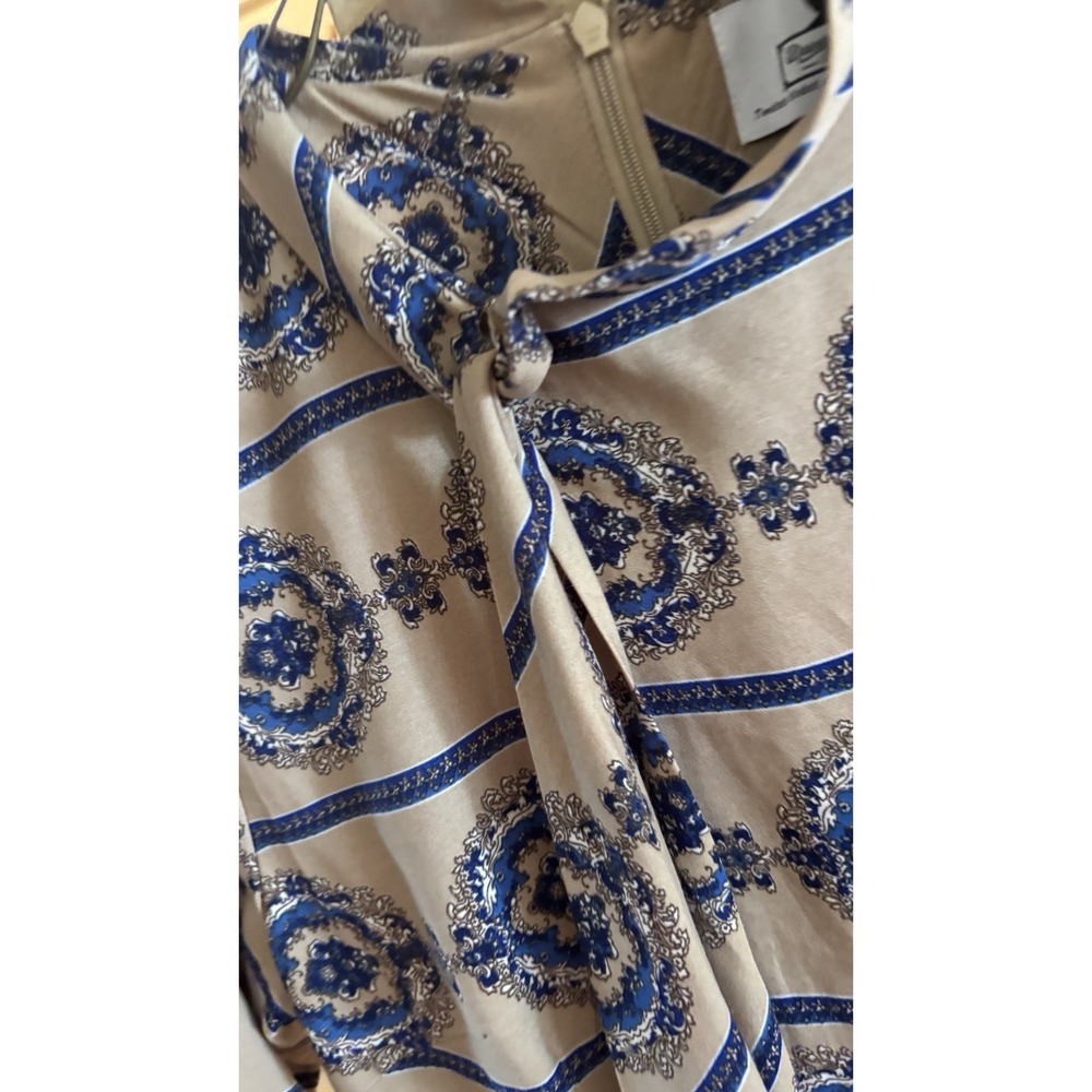 Dainty Jewells Modest Midi Dress Med Beige & Blue Cottage Core Retro Mad Men - Picture 3 of 8